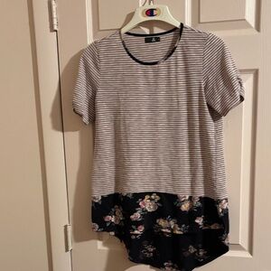 Champion Black and White Striped Floral Hem Tee